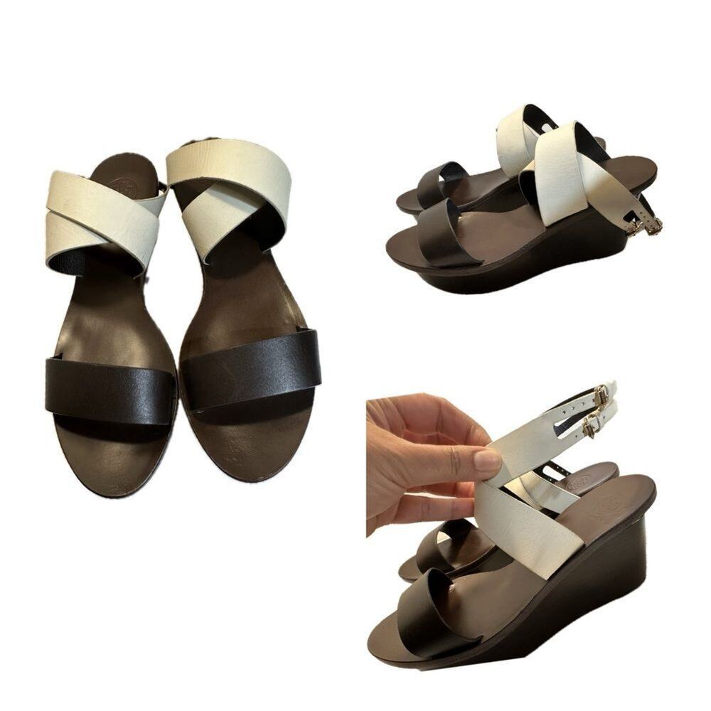 Tory Burch Mino Women's Sz 8.5 M Wedge Sandal White Brown Cross Ankle Straps